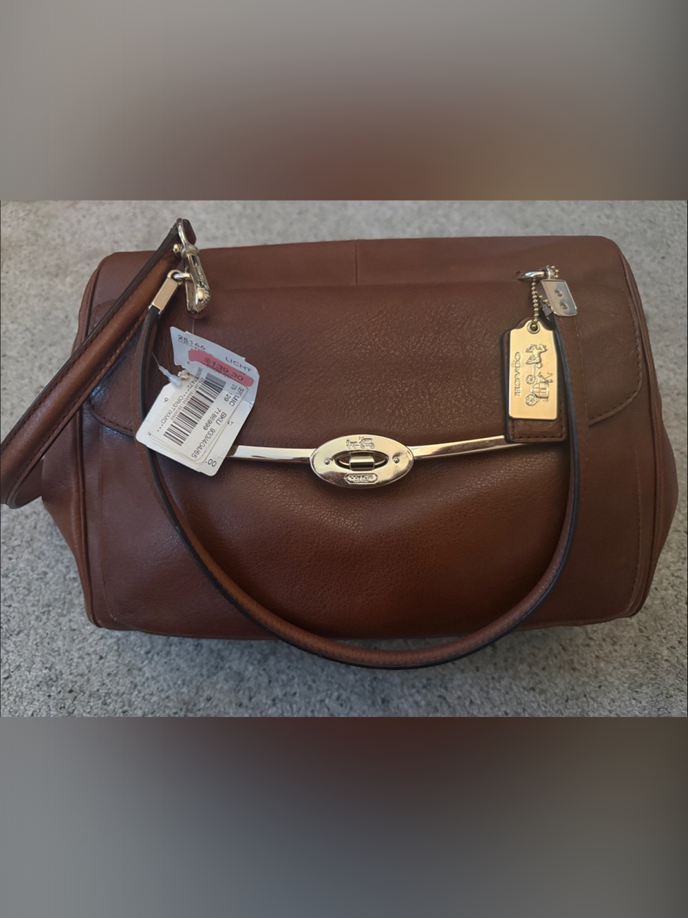 Coach Brown Leather Barrel Crossbody with Gold Hardware and Tag
